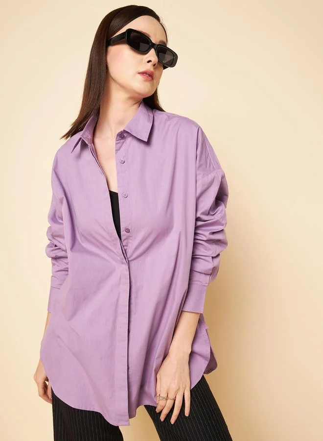 HIGH STAR Women'S Lilac 100% Cotton Solid Pattern Button Down Shirt