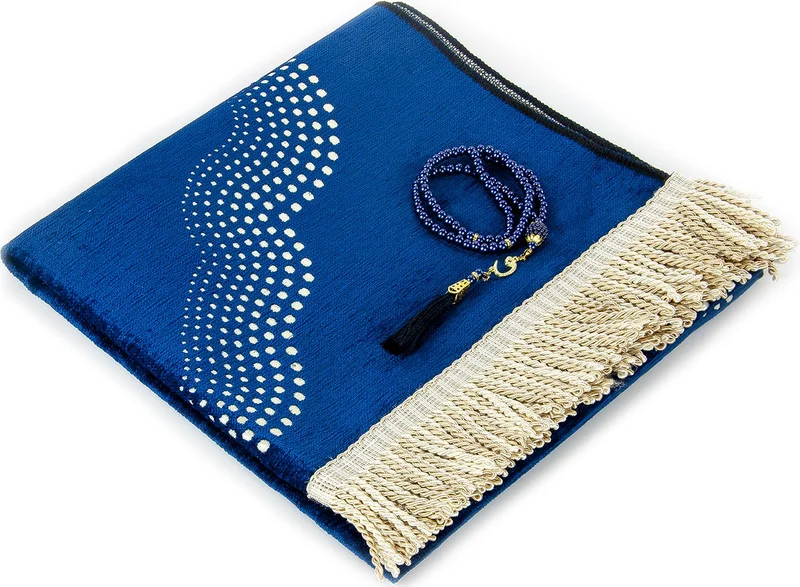 İhvan Ihvan Mihrab Patterned Plain Chenille Prayer Rug Navy Blue