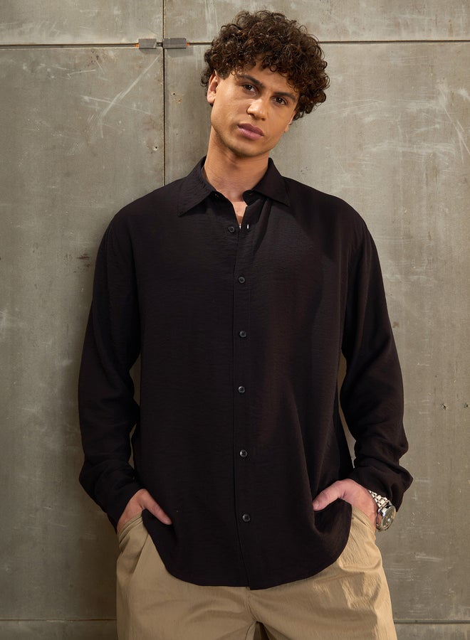 ساسافراس قميص ساسافراس أسود سادة بأكمام طويلة بقصة مريحة - Image 5