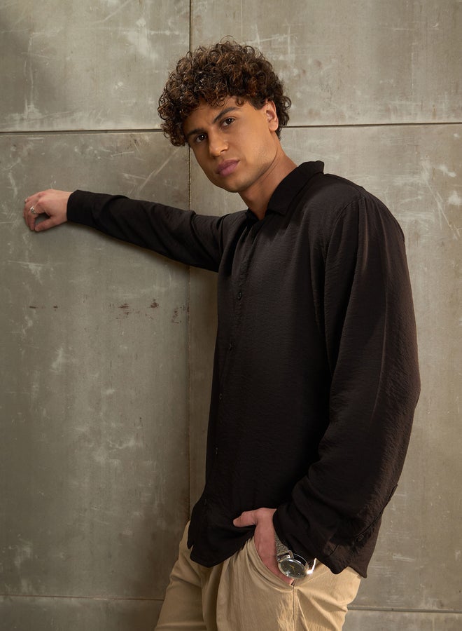 ساسافراس قميص ساسافراس أسود سادة بأكمام طويلة بقصة مريحة - Image 2