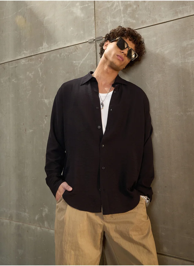 ساسافراس Sassafras Black Solid Long Sleeve Relaxed Fit Shirt