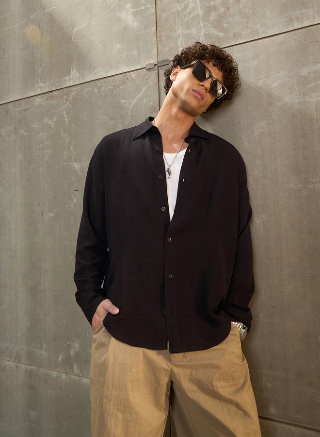 ساسافراس قميص ساسافراس أسود سادة بأكمام طويلة بقصة مريحة - Image 1