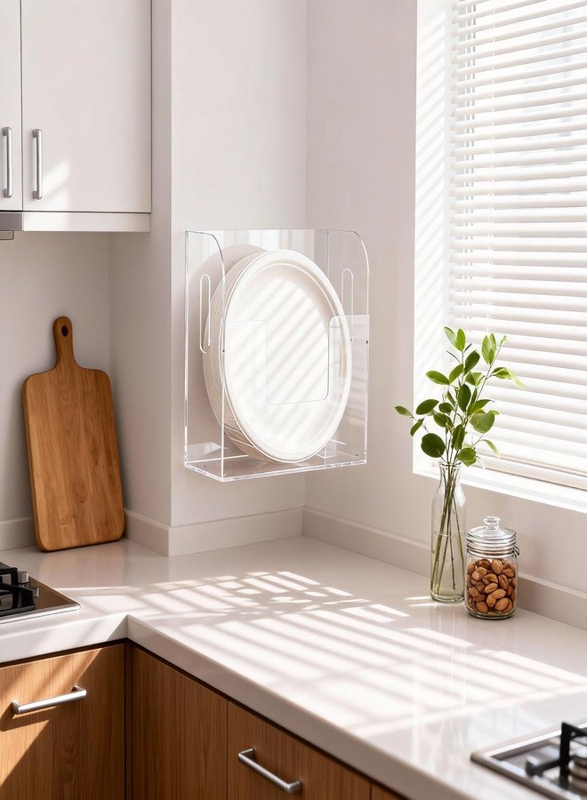 HeiMma Acrylic Paper Plate Dispenser Wall Mounted, Paper Plate Organizer in Cabinet, Disposable Plate Storage Holder for Kitchen Countertop or Outdoor Picnics Party, Provide Adhesive Strip & Mounting Screws - Image 4