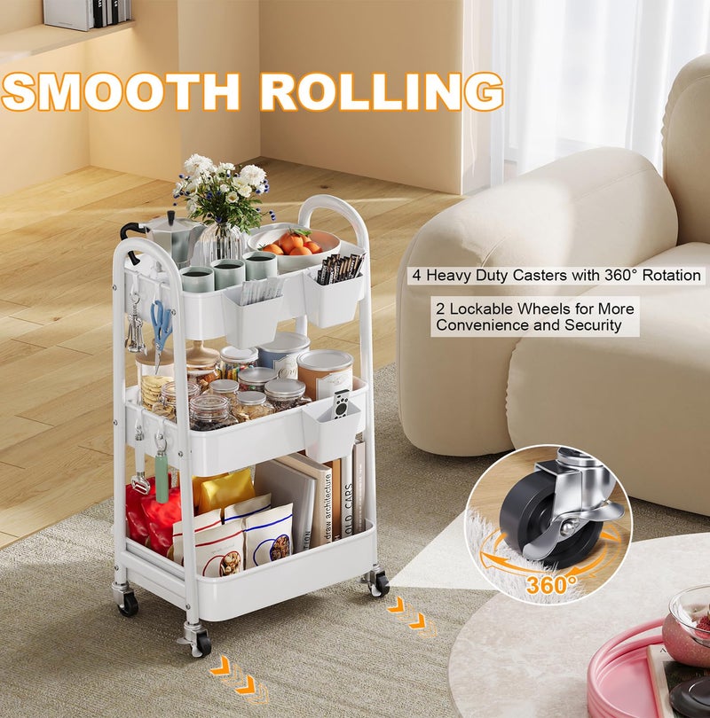 Osivaex 3 Tier Rolling Cart Metal with Wheels, Heavy Duty White Three Tiered Craft Cart Organizer on Wheels, Utility Roller Storage Carts for Art, Baby Nursery, Diaper Caddy, Snack,Book,Nail,Cleaning Supplies - Image 5