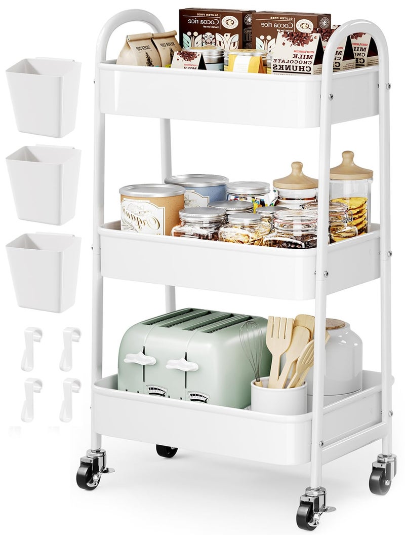 Osivaex 3 Tier Rolling Cart Metal with Wheels, Heavy Duty White Three Tiered Craft Cart Organizer on Wheels, Utility Roller Storage Carts for Art, Baby Nursery, Diaper Caddy, Snack,Book,Nail,Cleaning Supplies - Image 1