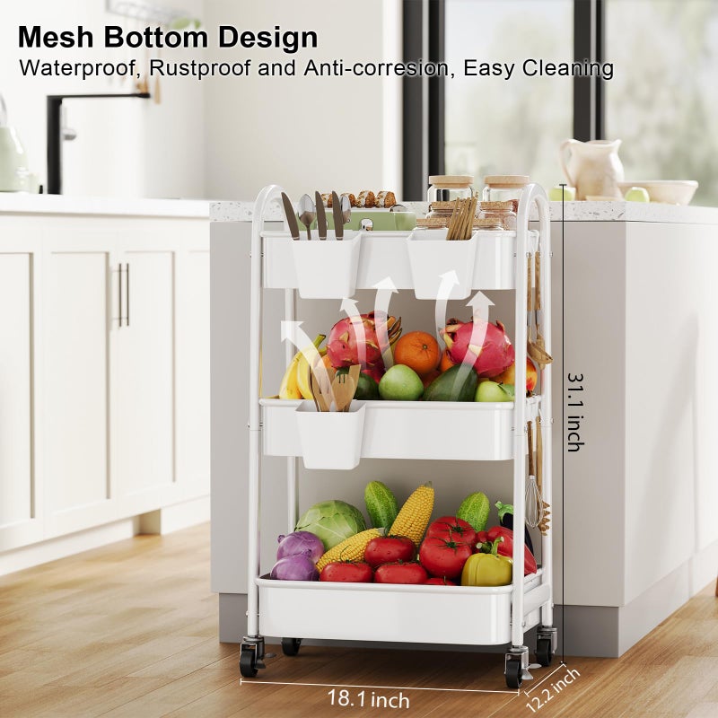 Osivaex 3 Tier Rolling Cart Metal with Wheels, Heavy Duty White Three Tiered Craft Cart Organizer on Wheels, Utility Roller Storage Carts for Art, Baby Nursery, Diaper Caddy, Snack,Book,Nail,Cleaning Supplies - Image 4