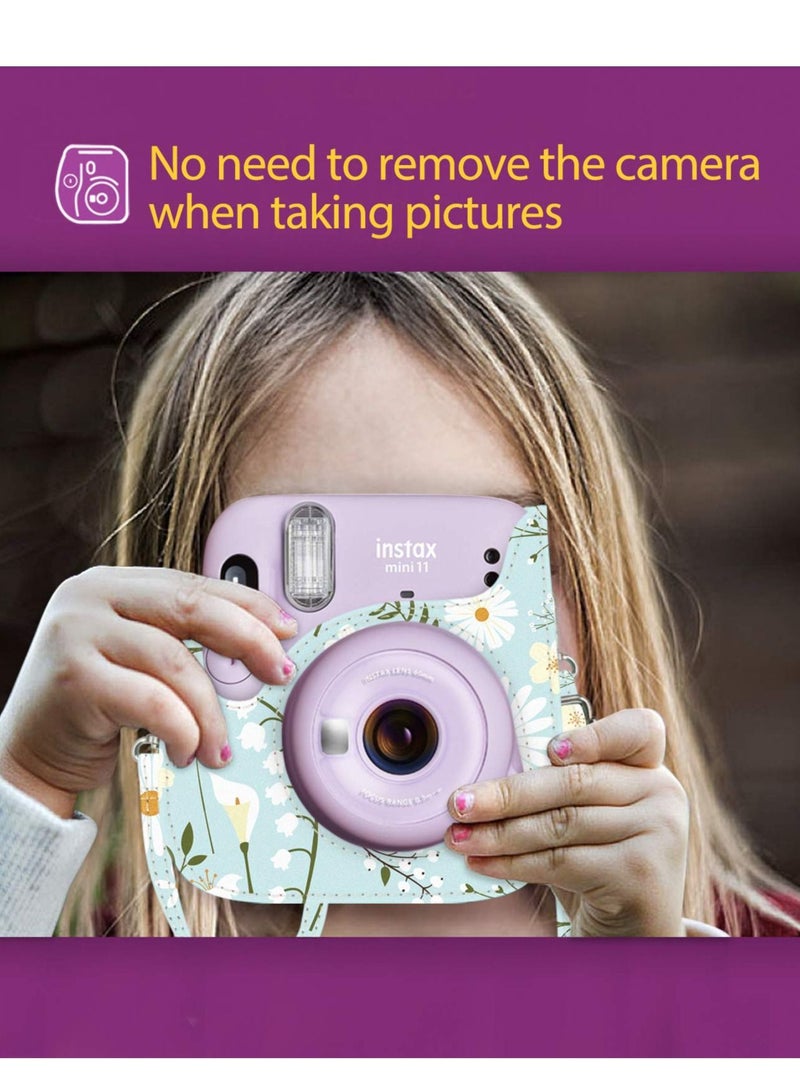 SYOSI Camera Bag Camera Protection Bag Vintage Floral PU Leather Camera Storage Bag with Shoulder Strap for Instax Mini 11 Fresh Green Small Daisy Camera Bag - Image 5