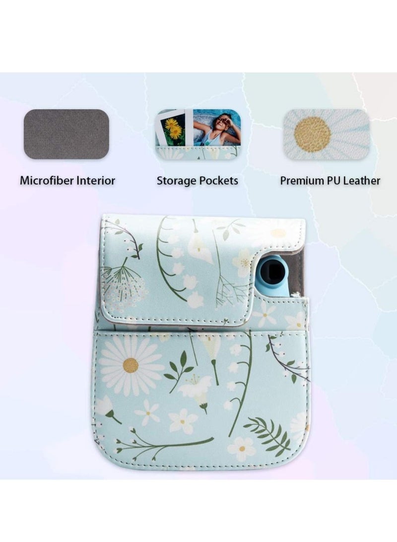 SYOSI Camera Bag Camera Protection Bag Vintage Floral PU Leather Camera Storage Bag with Shoulder Strap for Instax Mini 11 Fresh Green Small Daisy Camera Bag - Image 4