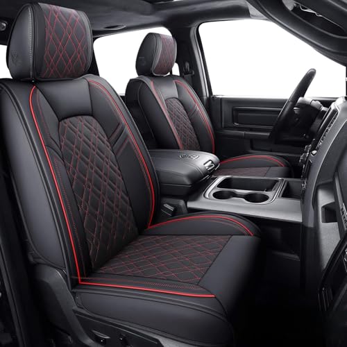 Aierxuan Dodge Ram Car Seat Covers Full Set Custom Fit 2009-2026 1500 2010-2026 2500 3500 Pickup Truck Crew Double Quad Cab Waterproof Leather Cushions (Full Set, Black-Red) - Image 1