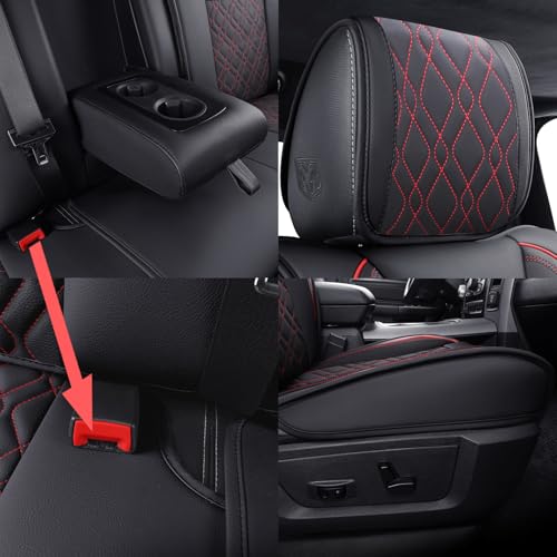 Aierxuan Dodge Ram Car Seat Covers Full Set Custom Fit 2009-2026 1500 2010-2026 2500 3500 Pickup Truck Crew Double Quad Cab Waterproof Leather Cushions (Full Set, Black-Red) - Image 5
