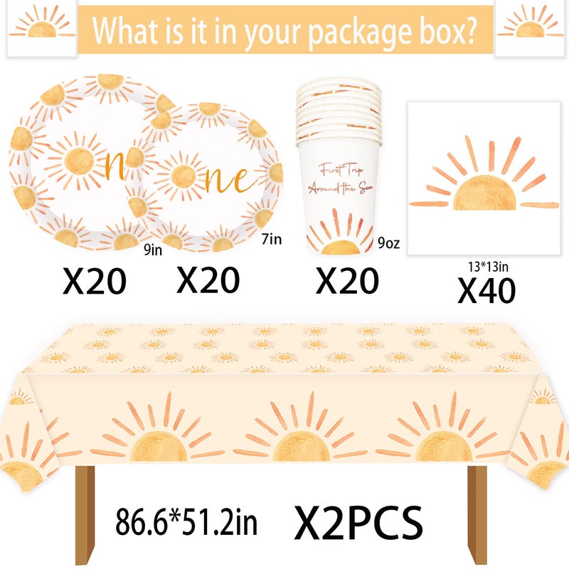 BIGKEOKI First Trip Around The Sun Birthday Decorations 102pcs Boho Sun 1st Birthday Paper Plates Napkins Cups and Table Cloth You Are My Sunshine Party Supplies Decoration - Image 2