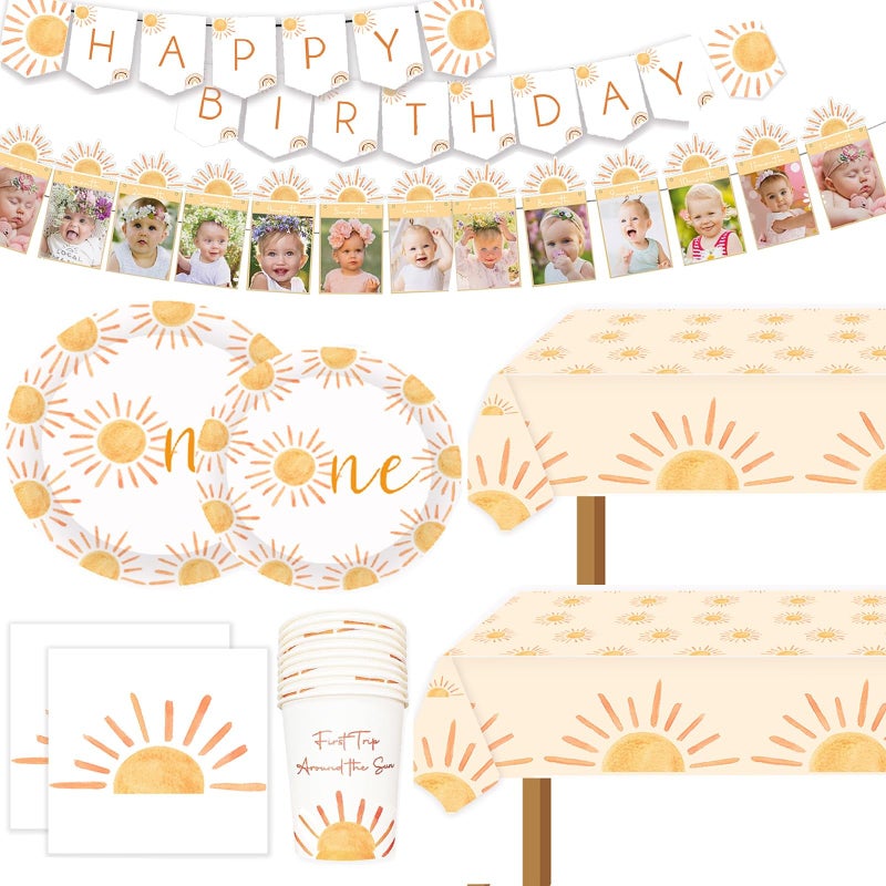 BIGKEOKI First Trip Around The Sun Birthday Decorations 102pcs Boho Sun 1st Birthday Paper Plates Napkins Cups and Table Cloth You Are My Sunshine Party Supplies Decoration - Image 1