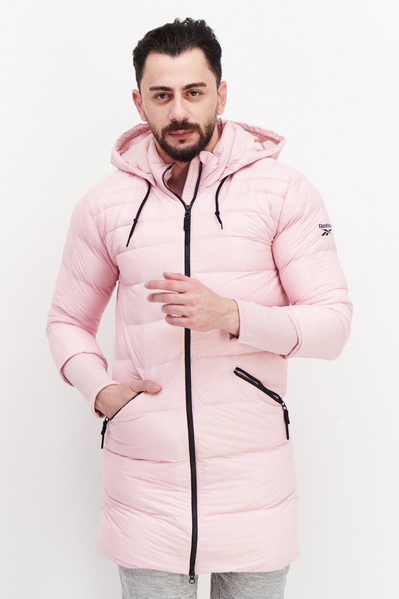 Reebok جاكيت رياضي رجالي مبطن بأكمام طويلة وغطاء رأس مناسب للتدريب الرياضي، باللون الوردي - Image 1