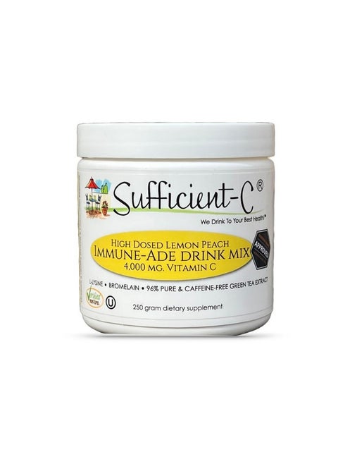 Sufficient-C High-Dosed 4000 mg. Vitamin C Lemon Peach Immune-Ade Drink Mix 250 gram Size - Refreshing with Generously Dosed L-lysine, Bromelain & 96% Pure, Caffeine-Free Green Tea Extract