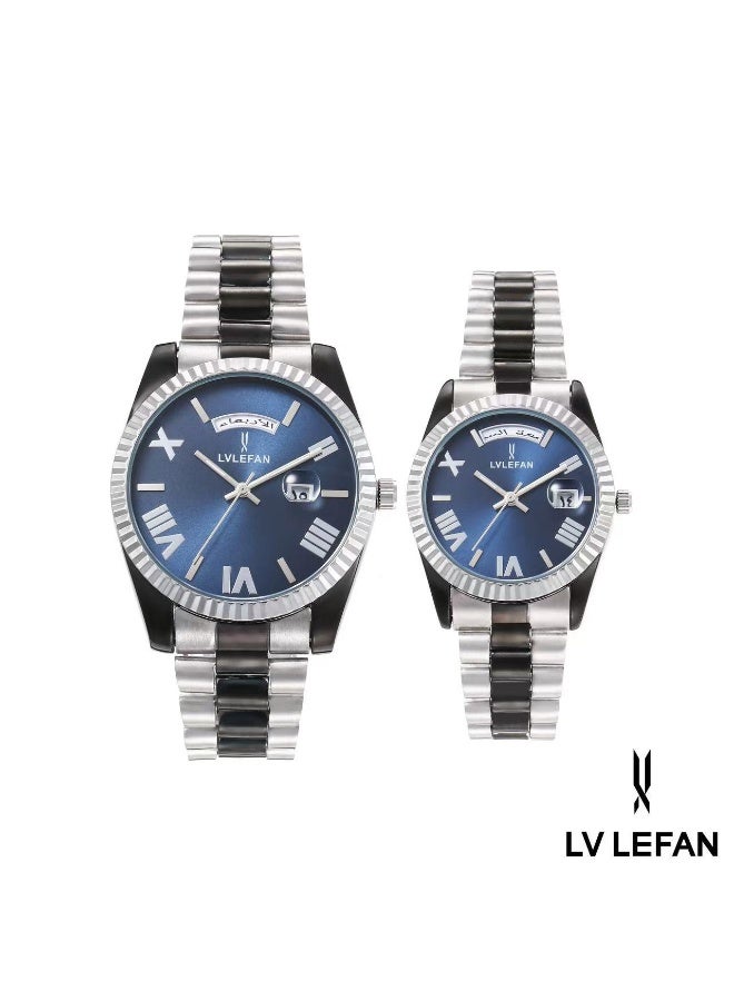 ليفان طقم ساعة يد للزوجين ضد الماء الفولاذ المقاوم للصدأ حزام زوجين الكوارتز ووتش مجموعة، الفاخرة مضيئة للماء التقويم ووتش هدية