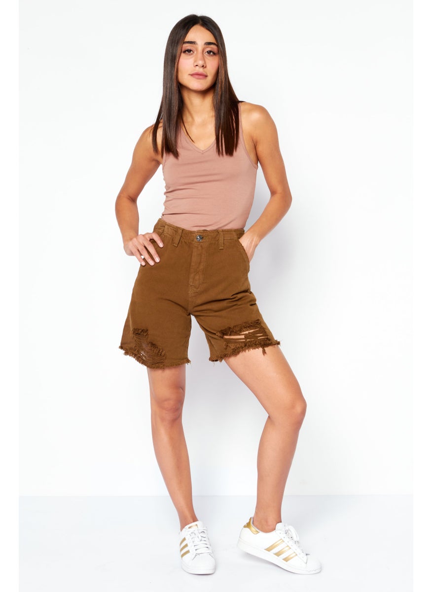 Earnest Sewn Women Tattered  Denim Shorts, Olive  - Image 2