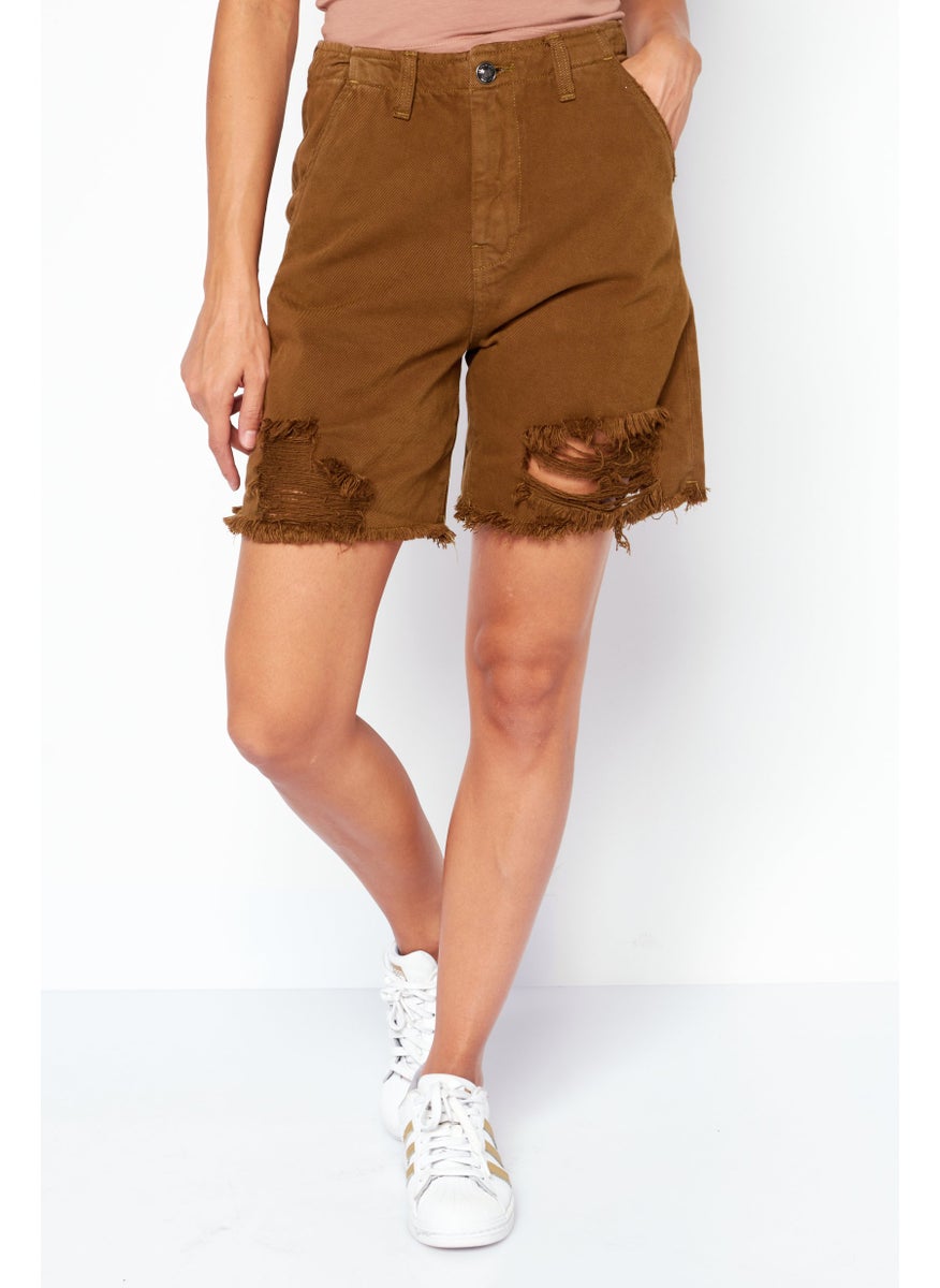 Earnest Sewn Women Tattered  Denim Shorts, Olive  - Image 1