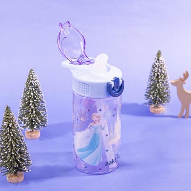 Sage Water Bottle For School or Travel, Durable Plastic Water Bottle With Straw, Handle, and Leak-Proof, Pop-Up Spout Cover Anna, Elsa, Olaf - Image 2
