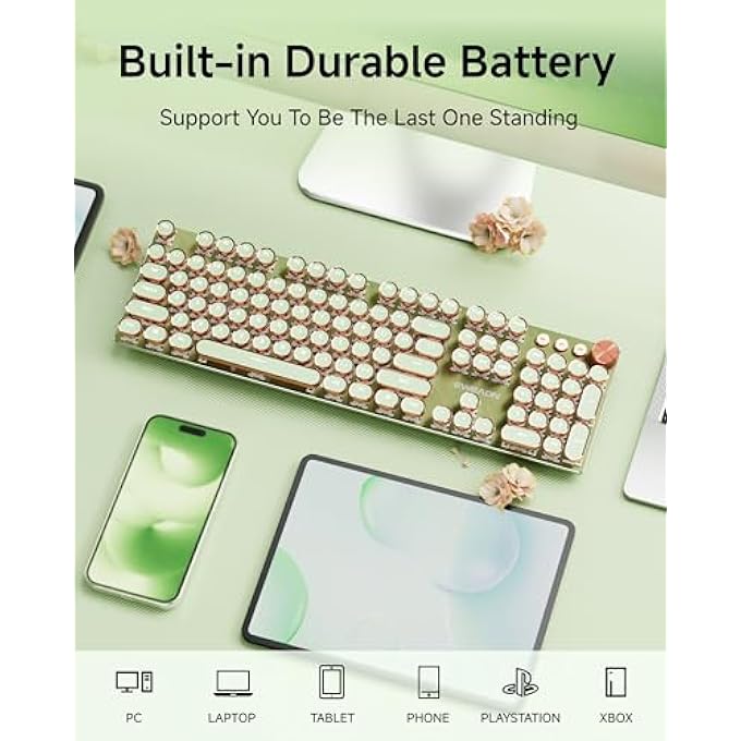 EWEADN V20 TYPEWRITER KEYBOARD WIRELESS, 104 KEYS TYPEWRITER STYLE MECHANICAL WITH WHITE BACKLIT, MEDIA KNOB, PINK SWITCH 2.4G/BLUETOOTH/USB-C WIRED RETRO FULL SIZE KEYBOARD FOR WINDOWS/MAC/PC-GREEN - Image 3