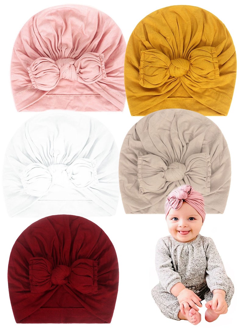 Generic 5 Pcs Big Bow Knot Turban Beanie Caps Cotton Newborn Baby Hat  - Image 1