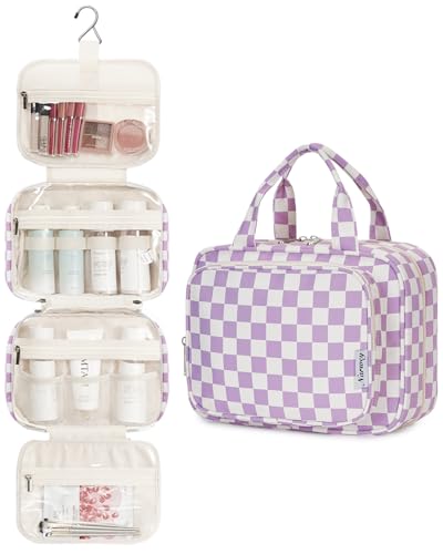 Narwey Hanging Toiletry Bag for Women Travel Makeup Bag Organizer Toiletries Bag for Travel Size Essentials Accessories Cosmetics Purple Checkerboard Medium - Image 3
