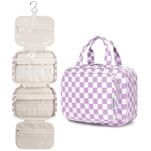 Narwey Hanging Toiletry Bag for Women Travel Makeup Bag Organizer Toiletries Bag for Travel Size Essentials Accessories Cosmetics Purple Checkerboard Medium - Image 1