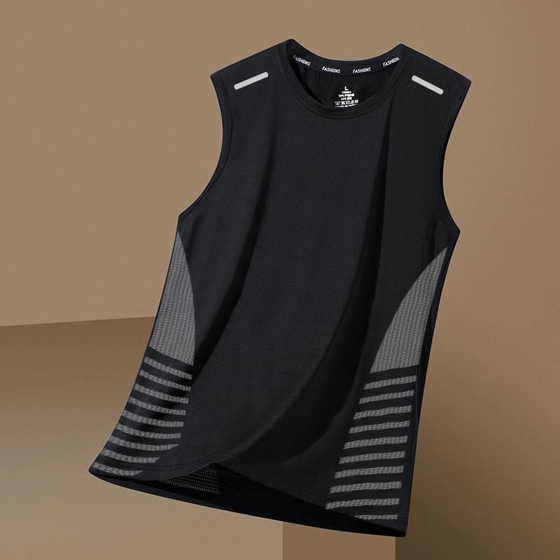 [Quick Delivery] Ice Silk Vest Mens Fashionable Round Neck Mesh Breathable Quick-drying Sports Wide Waistcoat Outer Wear Mens Sleeveless Pure black [twill butterfly mesh vest] 