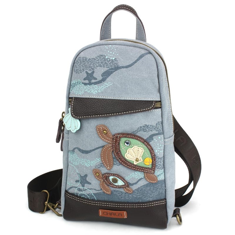 CHALA Canvas Sling Bag Women RFID Protected Canvas Crossbody Backpack with Adjustable Strap (Turtles - Indigo) - Image 1