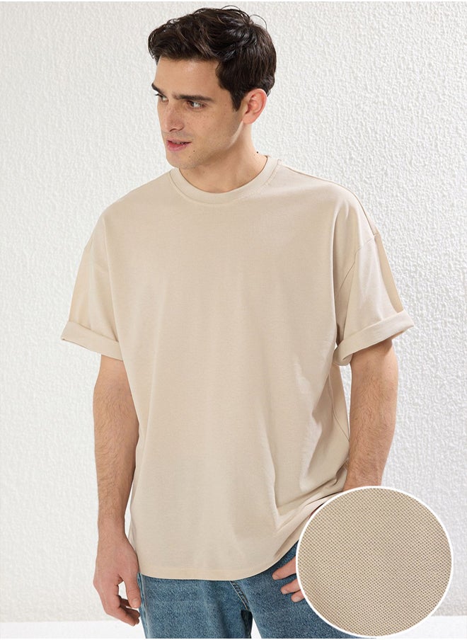 trendyol stone Oversize/Wide Cut Textured Basic 100% Cotton T-Shirt  - Image 1