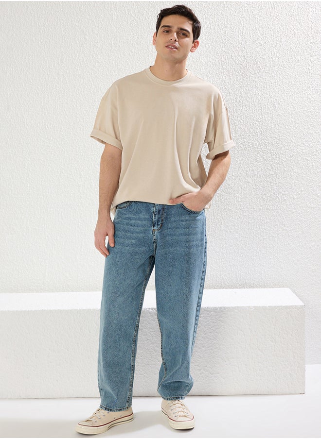 trendyol stone Oversize/Wide Cut Textured Basic 100% Cotton T-Shirt  - Image 4