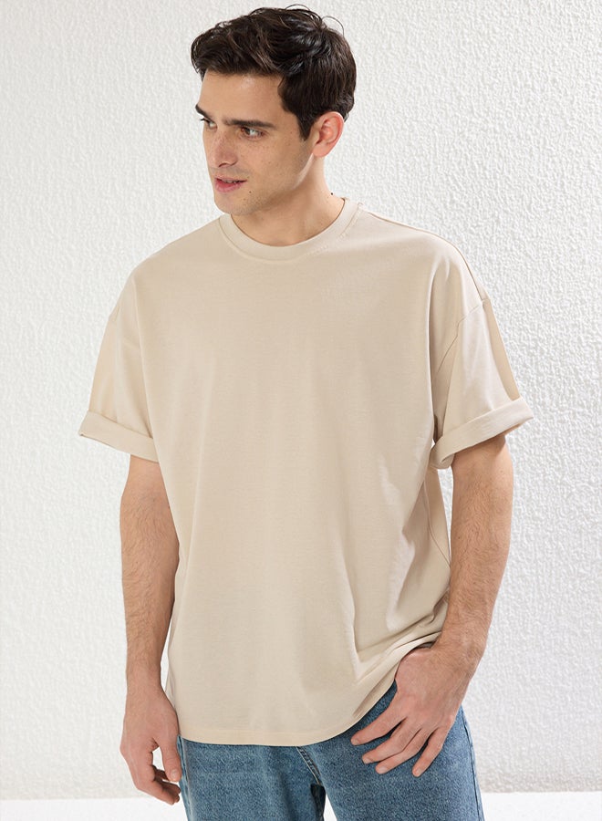 trendyol stone Oversize/Wide Cut Textured Basic 100% Cotton T-Shirt - Image 1