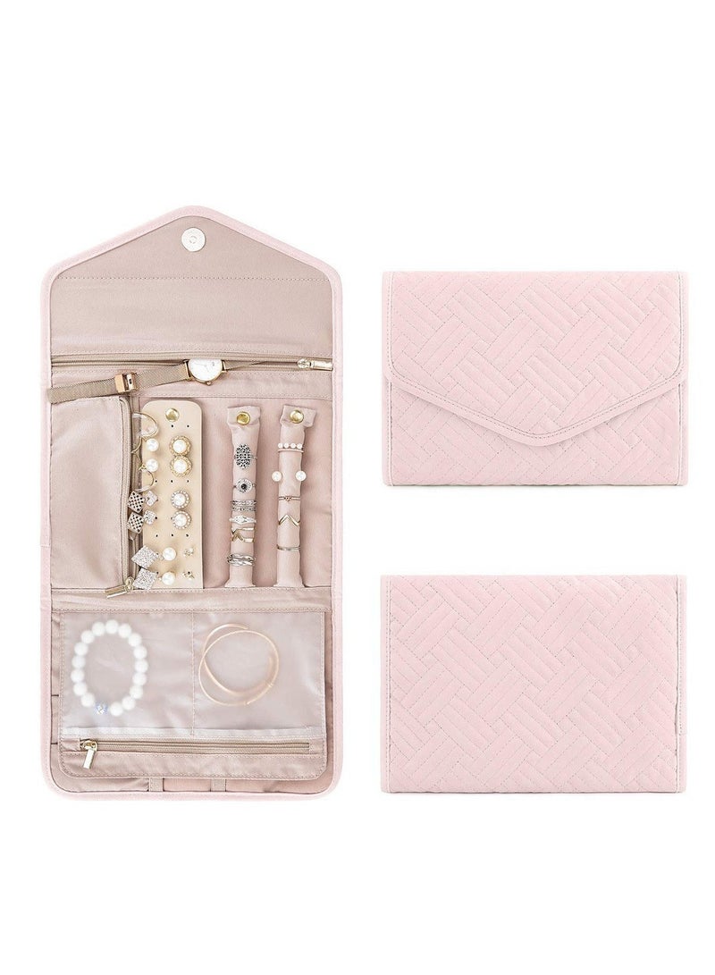 Travel Jewelry Organizer Roll Foldable Jewelry Case For Journey-Rings, Necklaces, Bracelets, Earrings, Soft Pink - Image 1