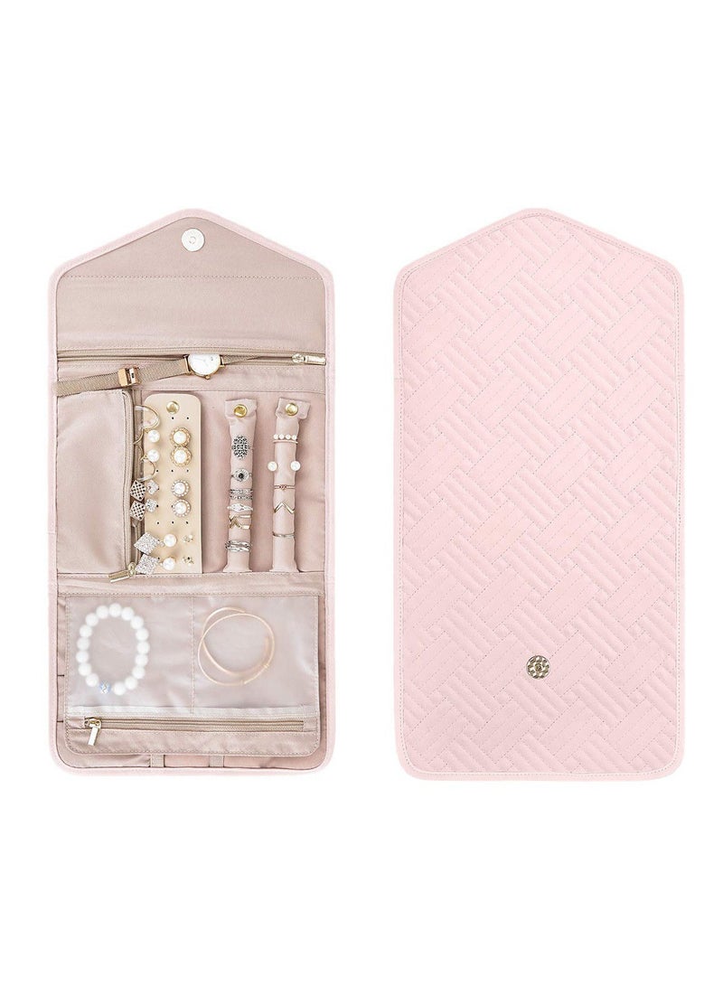 Travel Jewelry Organizer Roll Foldable Jewelry Case For Journey-Rings, Necklaces, Bracelets, Earrings, Soft Pink - Image 2