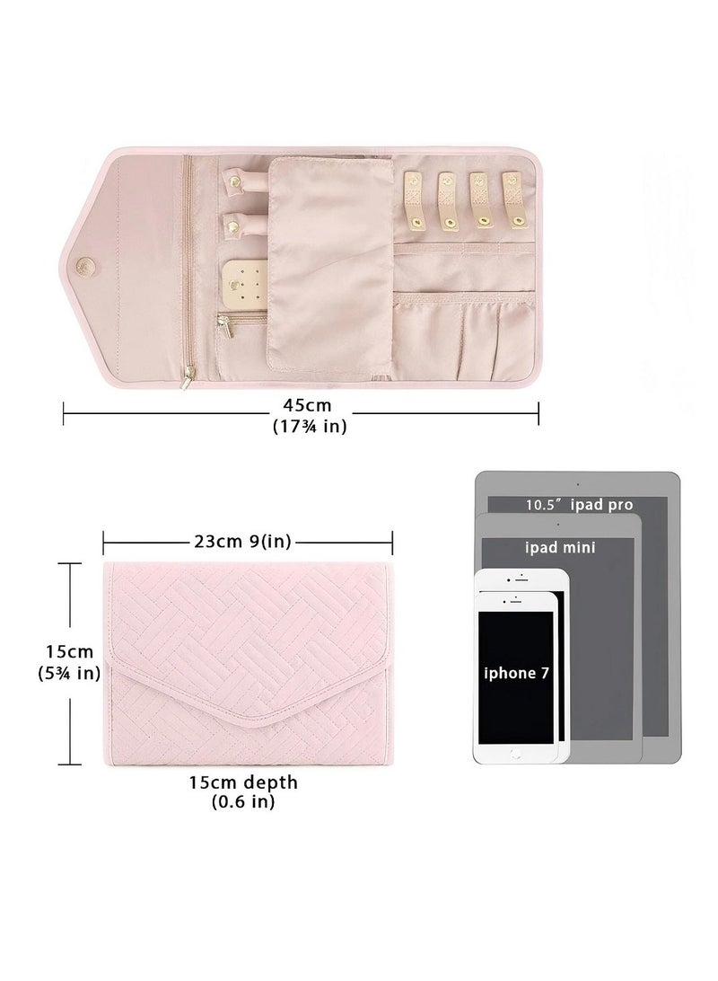 Travel Jewelry Organizer Roll Foldable Jewelry Case For Journey-Rings, Necklaces, Bracelets, Earrings, Soft Pink - Image 3