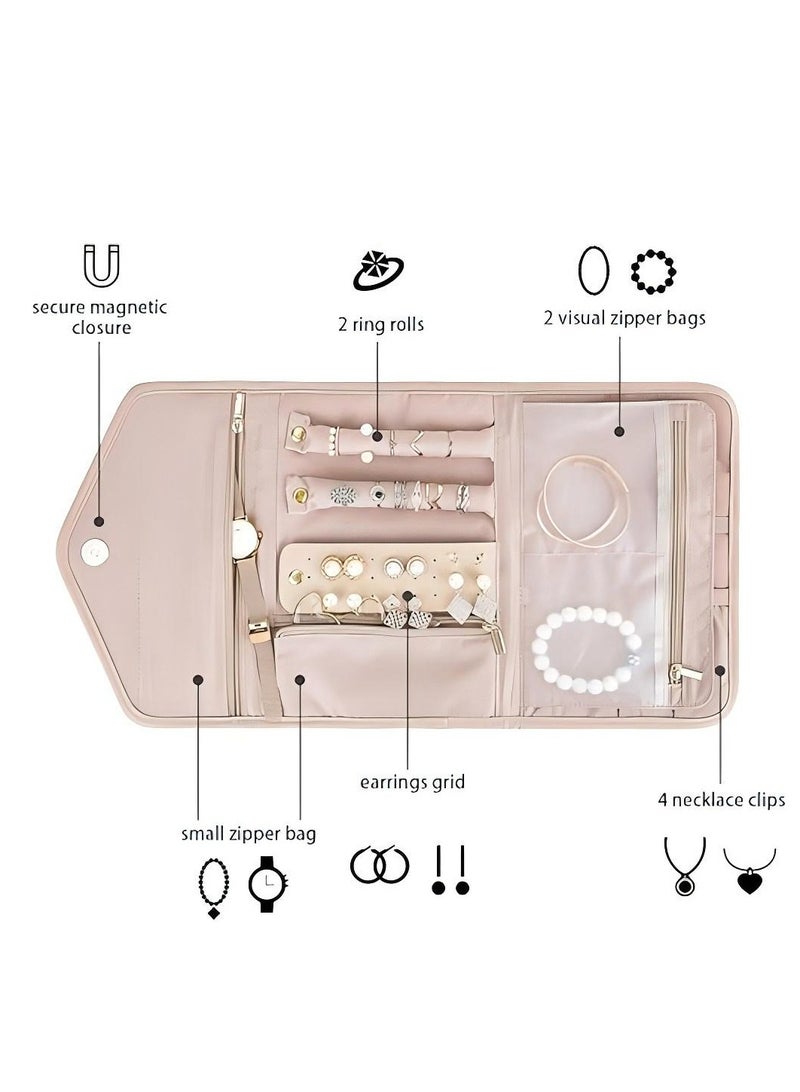 Travel Jewelry Organizer Roll Foldable Jewelry Case For Journey-Rings, Necklaces, Bracelets, Earrings, Soft Pink - Image 4