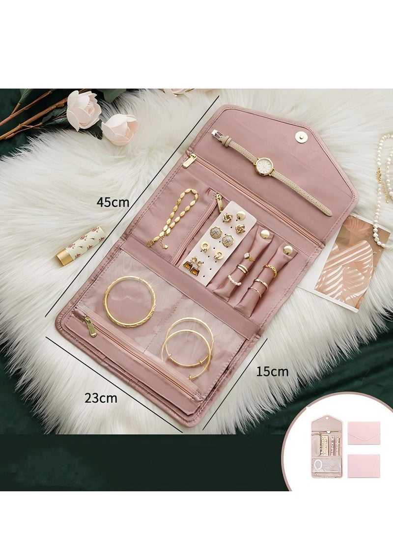 Travel Jewelry Organizer Roll Foldable Jewelry Case For Journey-Rings, Necklaces, Bracelets, Earrings, Soft Pink - Image 5