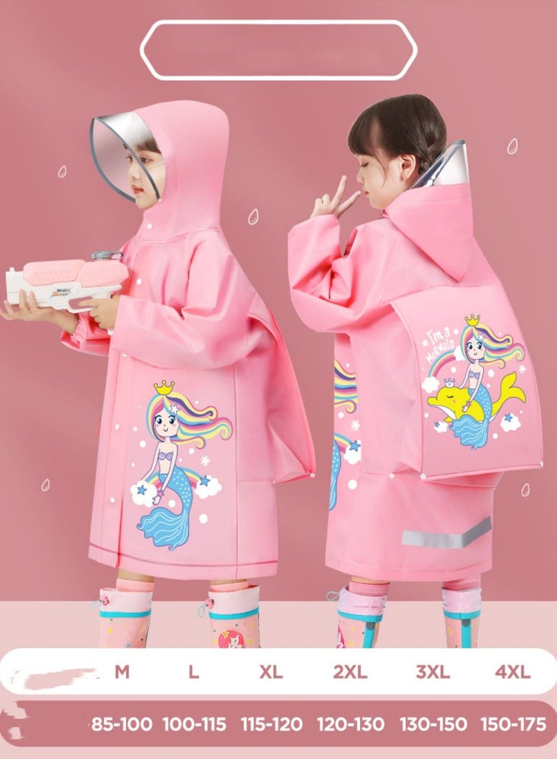 Children's Raincoat Waterproof Fashion Cartoon Schoolbag Bit Large Brim Transparent Poncho Pink