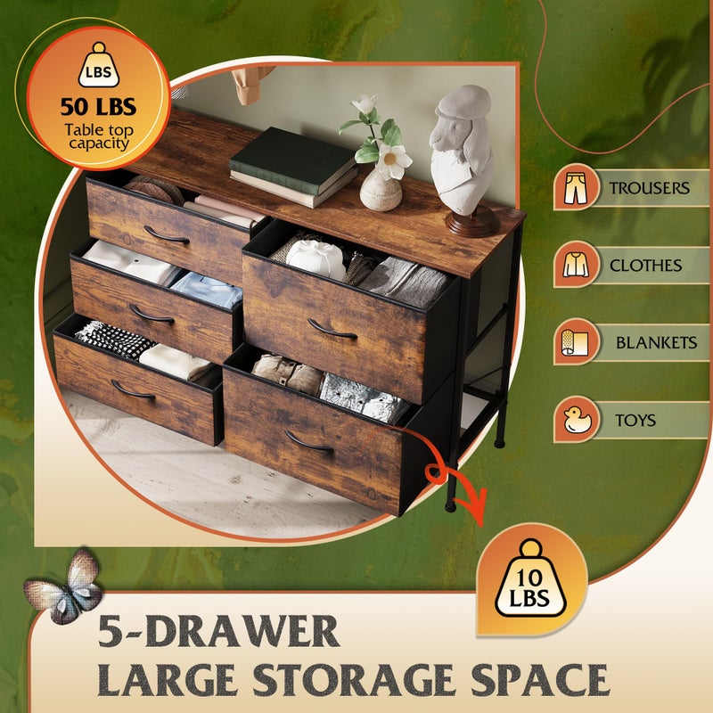 WLIVE Dresser for Bedroom with 5 Drawers, Wide Chest of Drawers for Bedroom, Fabric Dresser for Living Room, Closet, Hallway, Rustic Brown Wood Grain Print - Image 4