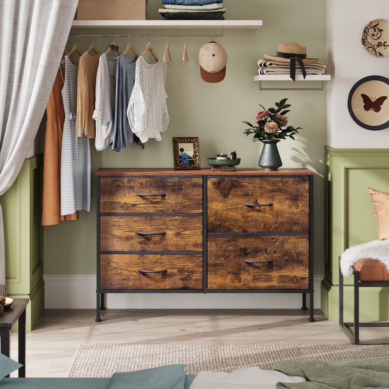 WLIVE Dresser for Bedroom with 5 Drawers, Wide Chest of Drawers for Bedroom, Fabric Dresser for Living Room, Closet, Hallway, Rustic Brown Wood Grain Print - Image 3