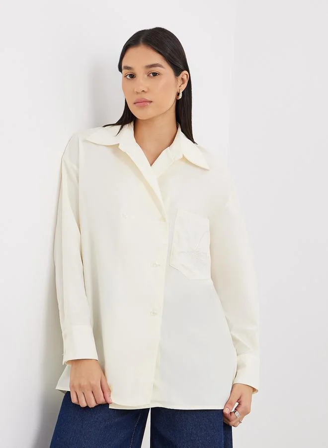 ستايلي Styli Cream Oversized Longline Shirt with Pocket
