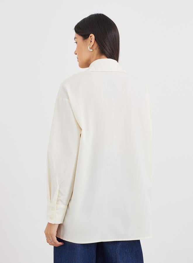 Styli Cream Oversized Longline Shirt with Pocket - Image 5