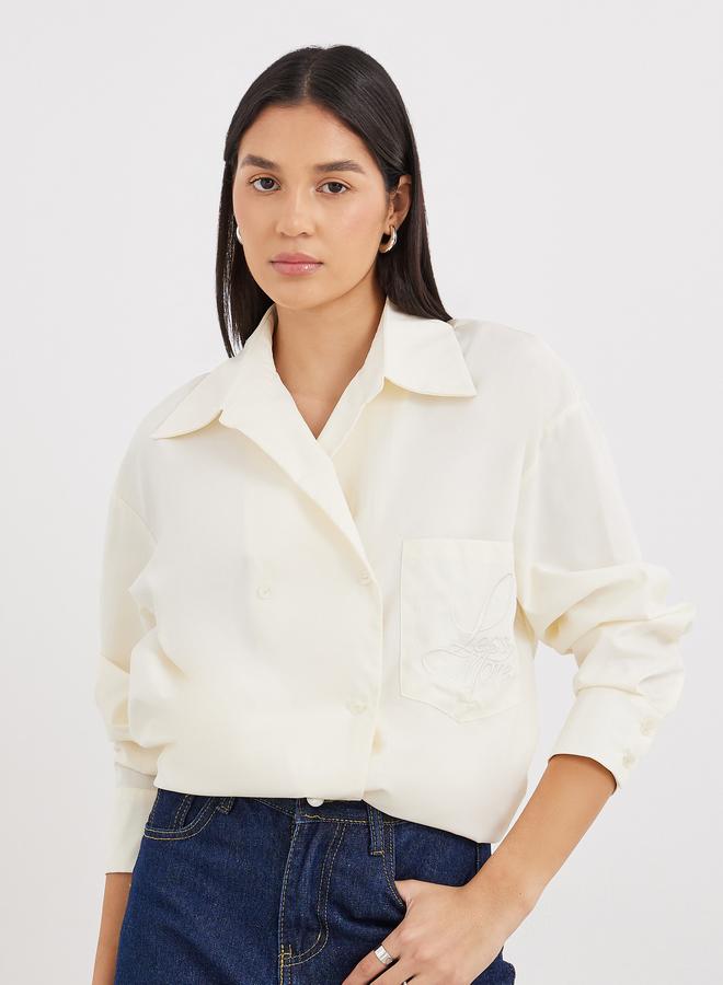Styli Cream Oversized Longline Shirt with Pocket - Image 1