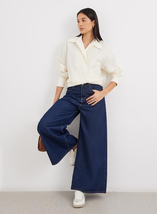 Styli Cream Oversized Longline Shirt with Pocket - Image 3