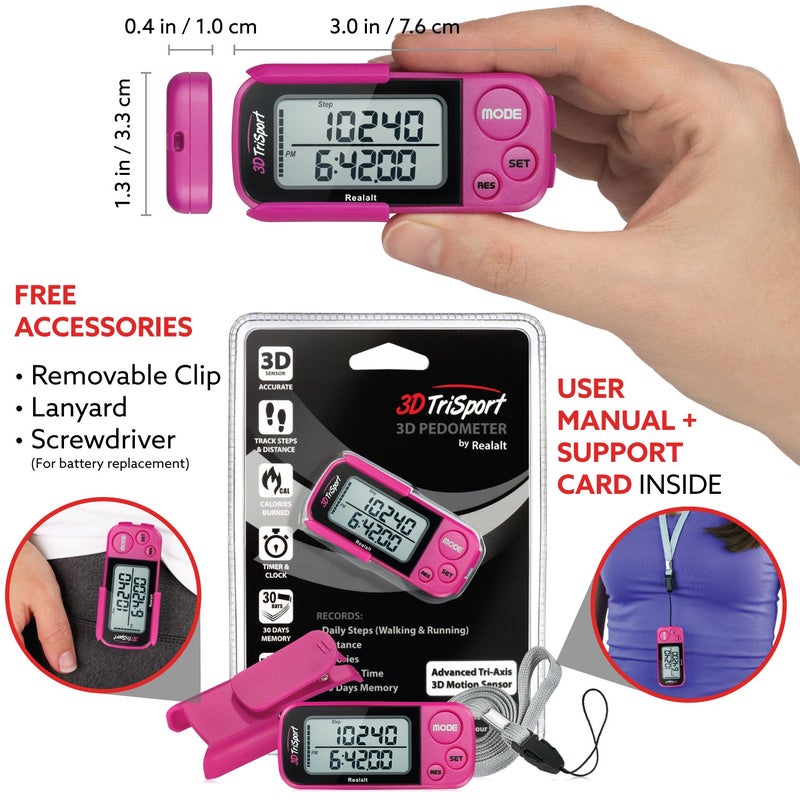 Realalt 3DTriSport Walking 3D Pedometer with Clip and Strap, Free eBook | 30 Days Memory, Accurate Step Counter, Walking Distance Miles/Km, Calorie Counter (Magenta, 3" L x 1.3" W x 0.4" H) - Image 4