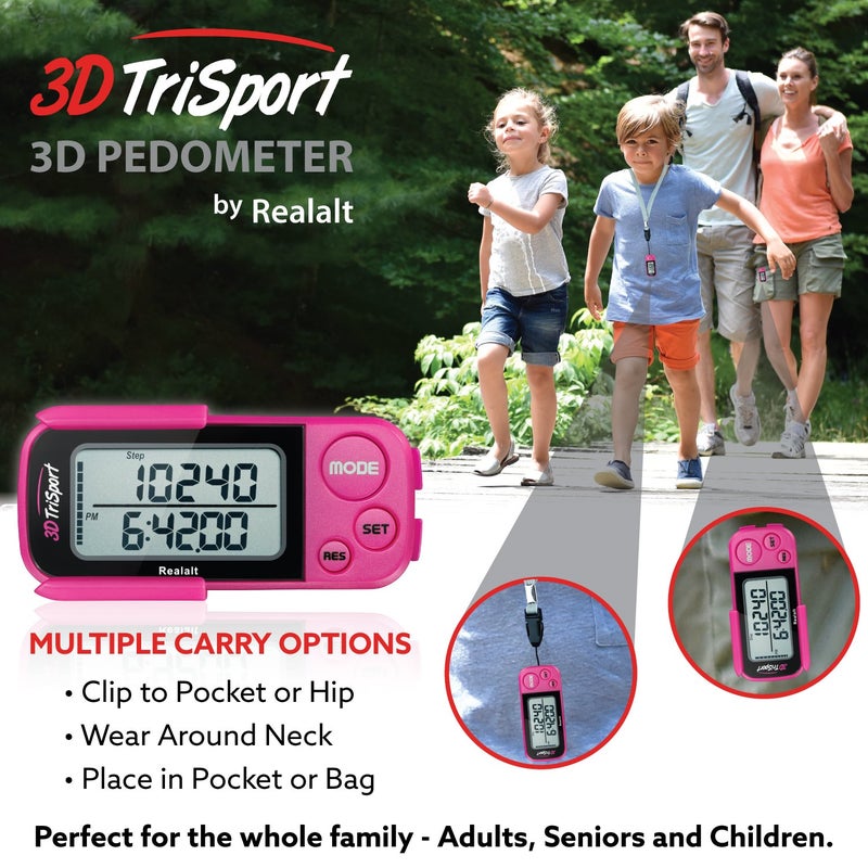 Realalt 3DTriSport Walking 3D Pedometer with Clip and Strap, Free eBook | 30 Days Memory, Accurate Step Counter, Walking Distance Miles/Km, Calorie Counter (Magenta, 3" L x 1.3" W x 0.4" H) - Image 5
