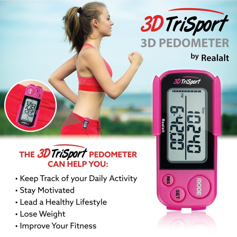 Realalt 3DTriSport Walking 3D Pedometer with Clip and Strap, Free eBook | 30 Days Memory, Accurate Step Counter, Walking Distance Miles/Km, Calorie Counter (Magenta, 3" L x 1.3" W x 0.4" H) - Image 3