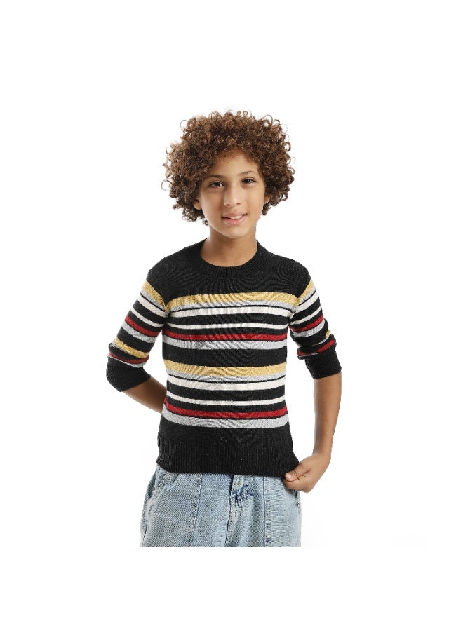Andora Striped Self Patteren Round Collar Multicolour Pullover_Black - Image 1