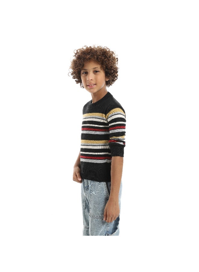 Andora Striped Self Patteren Round Collar Multicolour Pullover_Black - Image 4