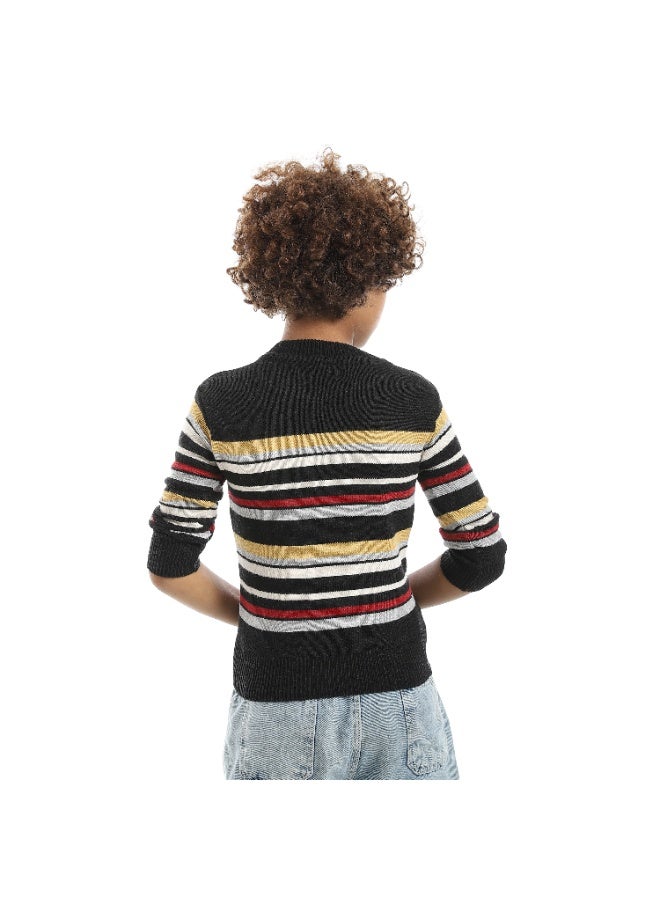 Andora Striped Self Patteren Round Collar Multicolour Pullover_Black - Image 2