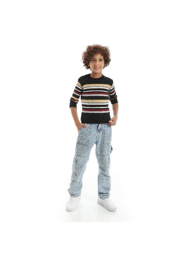 Andora Striped Self Patteren Round Collar Multicolour Pullover_Black - Image 5